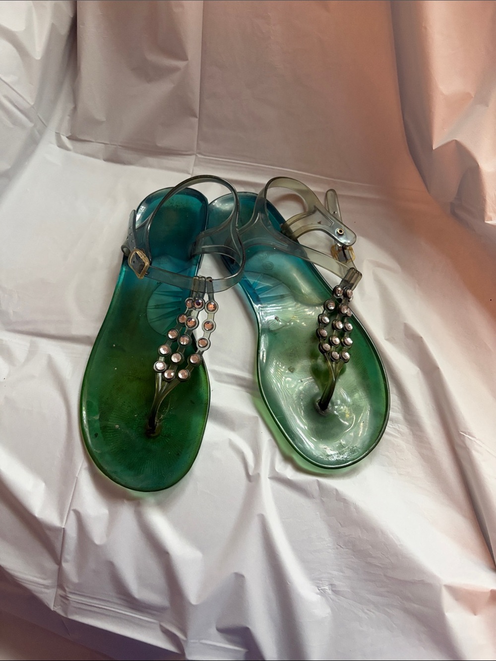 Women’s Green Jeweled T-Strap Sandals